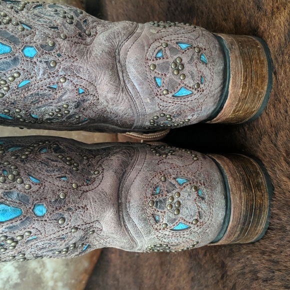 CORRAL A1149 brown studded leather cowgirl western boots turquoise inlay sz 7 - Picture 13 of 16